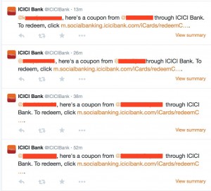 ICICI's tweeted notifications of transfer visible to everyone.