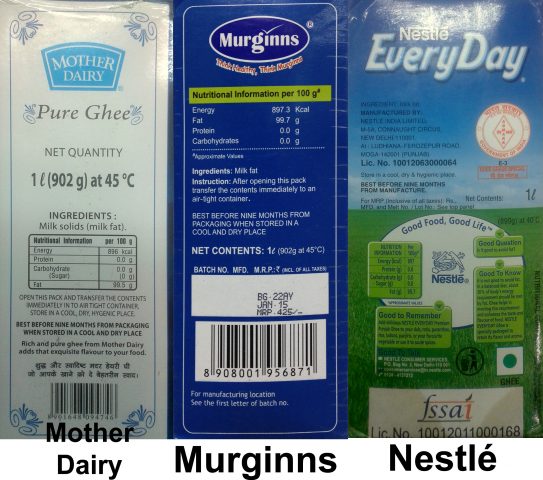 Three brands of ghee available at a supermarket in Gurgaon do not provide details on types of fat or cholesterol.